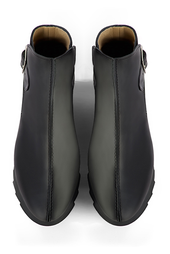 Satin black women's ankle boots with buckles at the back. Round toe. Low rubber soles. Top view - Florence KOOIJMAN
